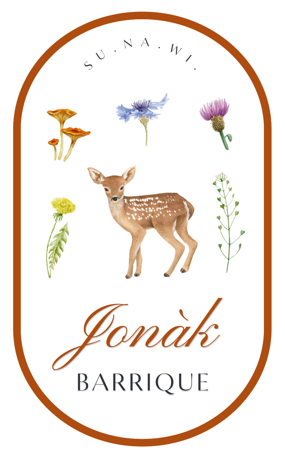 Etichetta originale Jonàk Barrique con un capriolo, fiori e funghi e un bordo color terracotta